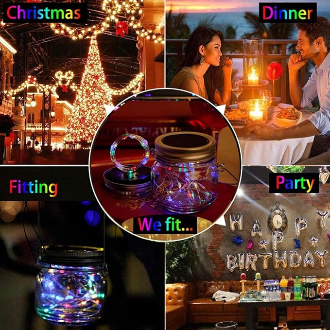 Solar Mason Jar Lights 6 Pack 20 Led Fairy Firefly Lights Mason Jar Lids String Lights with Hanger (Jars Not Included) Best for Mason Jar Outdoor Decor for Patio Garden Yard Lawn (Silver)