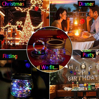 Solar Mason Jar Lights 6 Pack 20 Led Fairy Firefly Lights Mason Jar Lids String Lights with Hanger (Jars Not Included) Best for Mason Jar Outdoor Decor for Patio Garden Yard Lawn (Silver)