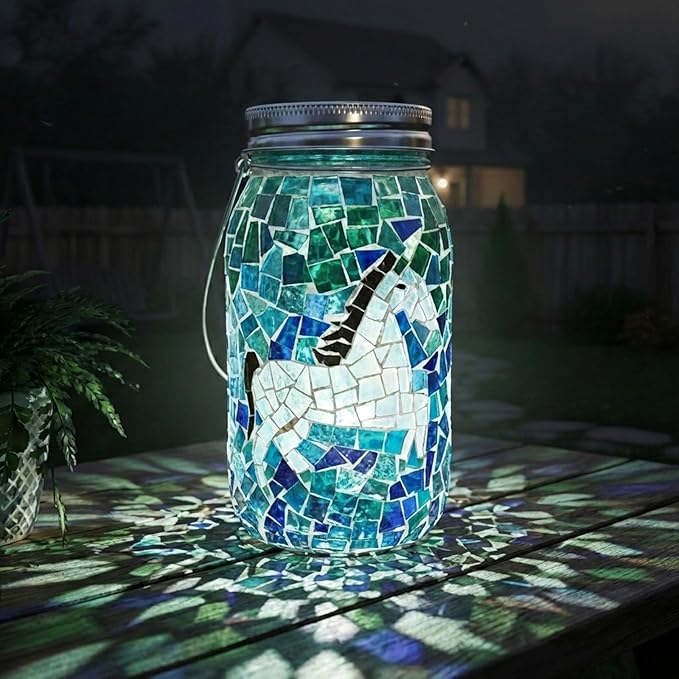 7.5" Large Mosaic Solar Lantern Outdoor: Gradient Emerald Azure Stained Glass Jar Decorative Silhouette Hanging Lights for Garden Patio Yard Artistic Glass Vase Table Lamp Gifts for Women