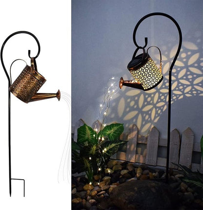 Garden Shower Light Solar Powered Watering Can with Lights Star Light LED Outdoor String Fairy Lights Waterfall with Bracket for Home Path Patio Yard Lawn, White