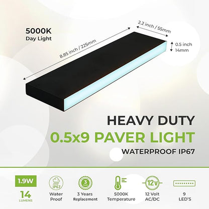 LUMENGY Paver Light Slim 0.5x9 Inch (0.55x8.85), 5000K Daylight, Glare-Free Linear Lighting for Driveways, Walkways and Paver Borders, 12V Hardwired, IP67 Waterproof, Drive-Over Rated