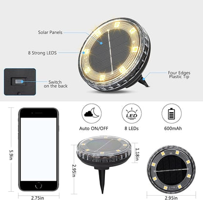 8 Pack Solar Ground Lights Outdoor, 8 LED Solar Disk Lights, IP65 Waterproof Long Lasting Flat Light for Garden Pathway Walkway Yard (Warm White)