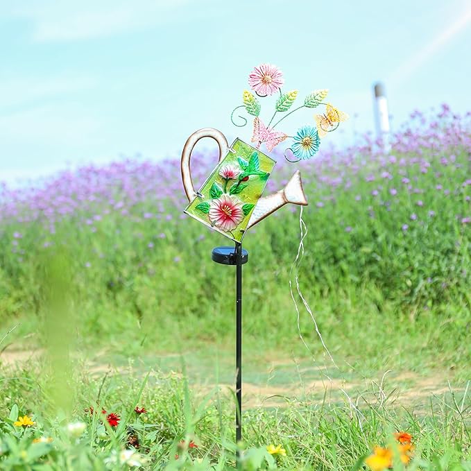 Bshine Solar Watering Can Light, Hummingbird Metal Solar Light, Waterproof Outdoor Garden Decor for Porch Path Lawn Yard Art, Gardening Gift for Women, Mom Birthday, Outdoor Valentine's Day Decor