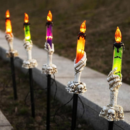 Halloween Candle Light Stakes, 5 Pack Skeleton Hands Hold Lighted Candle Pathway Makers, Waterproof Battery Operated with Timer, Light Up Figurine for Indoor Outdoor Holiday Party