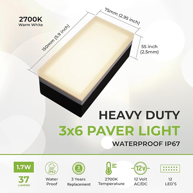 LUMENGY Paver Light 3×6 Inch (2.95 X 5.9), 2700K Warm White Glare-Free Illumination for Driveways, Pathways, Pool Deck & Patios, 12V AC/DC, Waterproof & Drive-Over Rated V2