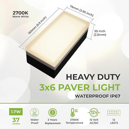 LUMENGY Paver Light 3×6 Inch (2.95 X 5.9), 2700K Warm White Glare-Free Illumination for Driveways, Pathways, Pool Deck & Patios, 12V AC/DC, Waterproof & Drive-Over Rated V2