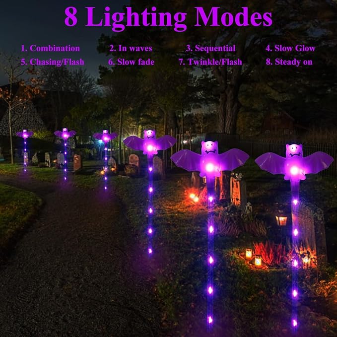 Halloween Decorations Outdoor Solar Bat Garden Lights,6 Pack 56LED Solar Halloween Bats Lights, Waterproof Solar Pathway Lights for Outside Patio Yard Lawn Grave Party Gifts Decor Purple