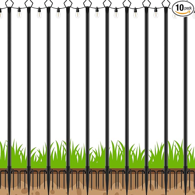 10 Pack 10Ft String Poles, Poles for Outside String Lights,Outdoor with Fork,Metal Poles Stand for Patio,Backyard,Deck