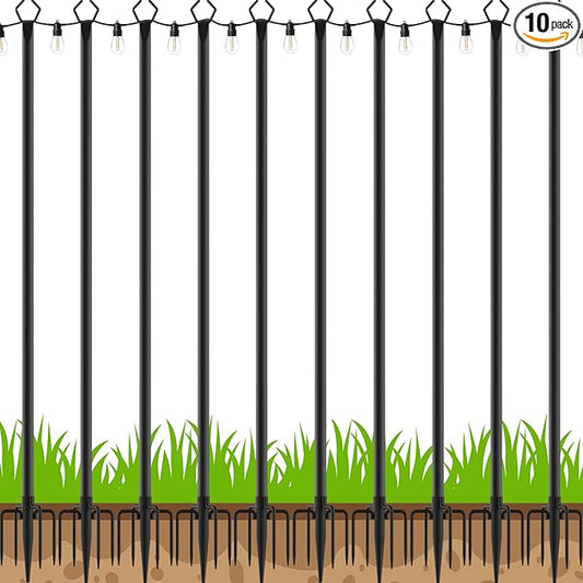 10 Pack 10Ft String Poles, Poles for Outside String Lights,Outdoor with Fork,Metal Poles Stand for Patio,Backyard,Deck