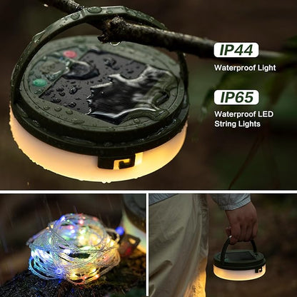 Solar Camping String Lights, 4 in 1 Outdoor Camping Lantern with 8 Lighting Modes(32.8Ft), Quick 30s Recovery, Waterproof, Type-C Fast Charging, Portable Camping Lights for Camping/Yard/Hiking