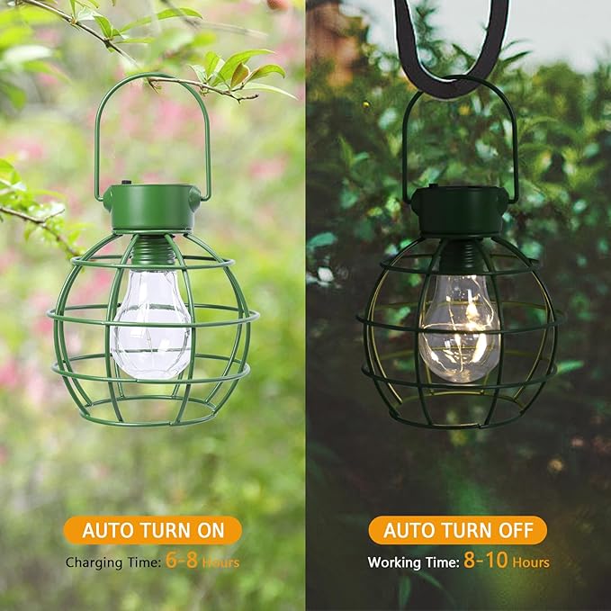 2 Pack Solar Lanterns Outdoor Hanging Lights, Metal Solar Lantern Outdoor Waterproof Auto On/Off Solar Light for Patio Backyard Pathway Porch, Green