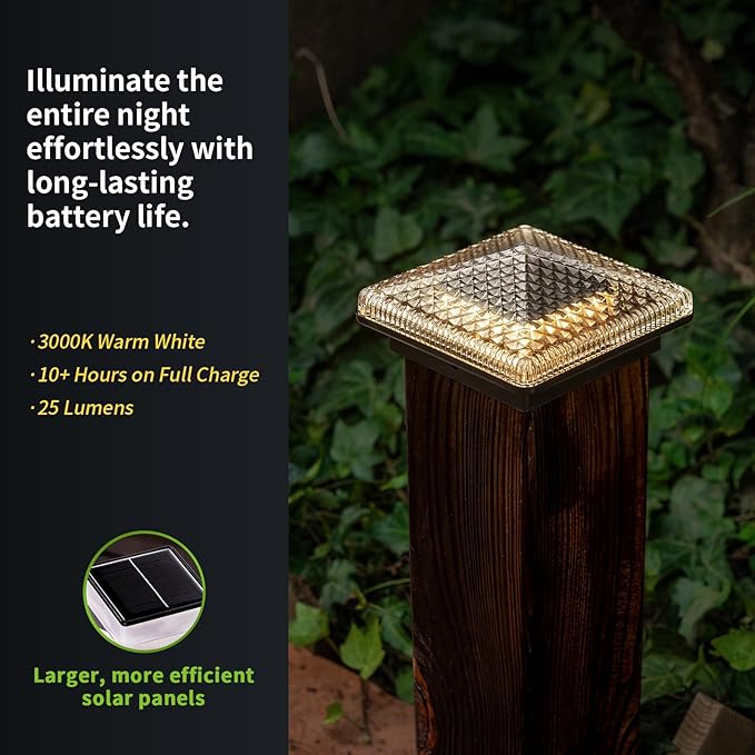 Glass Solar Post Cap Lights with Crystal Style - Decorative Deck Fence Lights for 4x4 5x5 Posts Hidden Solar Panel, Modular Design, 10Hr Runtime, IP65, Warm White, Black, 2 Pack
