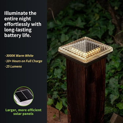 Glass Solar Post Cap Lights with Crystal Style - Decorative Deck Fence Lights for 4x4 5x5 Posts Hidden Solar Panel, Modular Design, 10Hr Runtime, IP65, Warm White, Black, 4 Pack