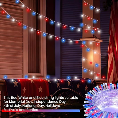2 Pack Red White and Blue Fairy Lights Battery Operated, 66FT 200LED July 4th Patriotic String Lights with Timer, 8 Modes Waterproof Twinkle Light Indoor Outdoor for Independence Day National Day