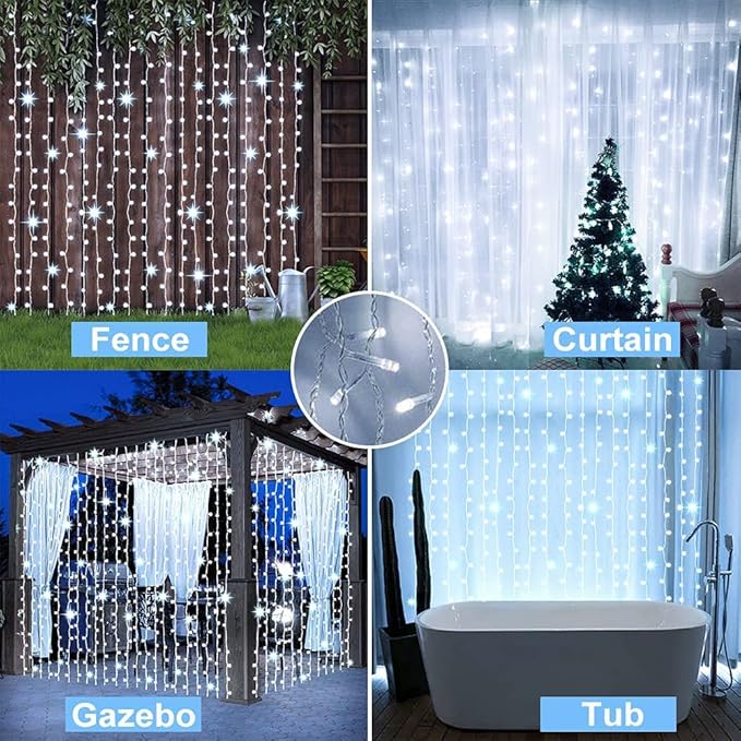 Solar Curtain Lights Outdoor Garden 300 LED Fairy String Lights 8 Modes Remote Control Waterproof Waterfall Lights for Gazebo Patio Home Festival Wedding Wall Christmas Decorations(White)