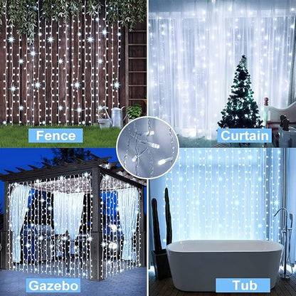 Solar Curtain Lights Outdoor Garden 300 LED Fairy String Lights 8 Modes Remote Control Waterproof Waterfall Lights for Gazebo Patio Home Festival Wedding Wall Christmas Decorations(White)