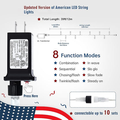 Hopolon Red White and Blue Lights Clear Wire, 33 FT 100 LED 4th of July Decorations String Lights Plug in, Waterproof Christmas Light for Independence Day Patriotic Memorial Day,100 LED,Red White Blue