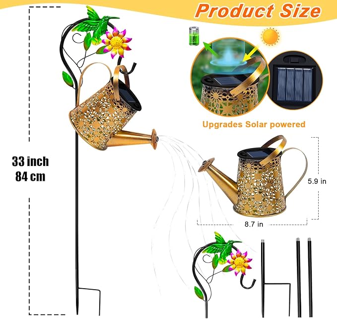 Christmas Gifts Solar Metal Watering Can with Hummingbird Shepherd Hook and Cascading Lights, Outdoor Solar Lantern for Garden, Yard, Patio Decor and Gardening Gifts for Women Mother's Day