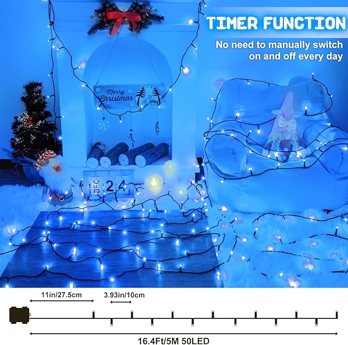 Blue Christmas Lights Outdoor Battery Operated String Lights Total 100LED 33Ft with Timer 8 Modes 16.4Ft*2 Waterproof Outdoor Indoor for Christmas Decor, Blue, 2-Pack