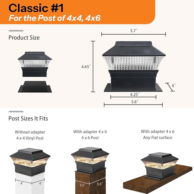 2 Pack Solar Post Cap Lights - Classic #1: for Flat Surfaces & 4x4 Vinyl, Also Fits 4x6 Wood (Sits-On-Top), 25 Lumen 3000K Warm White, Outdoor Deck Fence Light, Waterproof, Matte Black