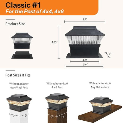 2 Pack Solar Post Cap Lights - Classic #1: for Flat Surfaces & 4x4 Vinyl, Also Fits 4x6 Wood (Sits-On-Top), 25 Lumen 3000K Warm White, Outdoor Deck Fence Light, Waterproof, Matte Black