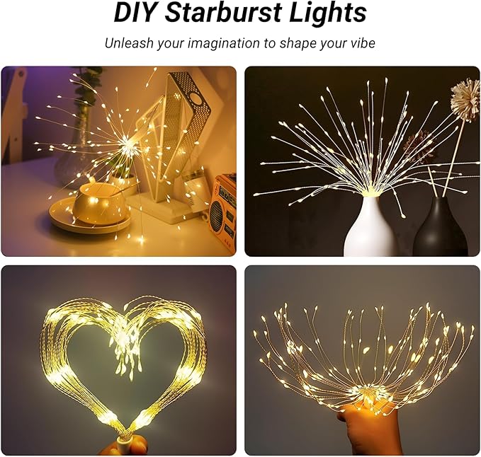 Hanging Firework Lights: Twinkle String Fairy Lights with Remote - 120 LED 8 Modes Dimmable - Indoor Outdoor Battery Operated Starburst Light for Garden, Patio, Party Xmas Decor