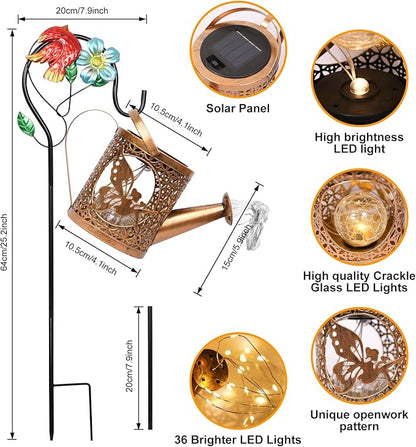 Solar Lights Outdoor Garden Decor Solar Watering Can with Crackle Glass Lights Waterproof Metal Hanging Fairy Lantern for Patio Lawn Yard Outside Decorations- Unique Gift Ideas for Gardening