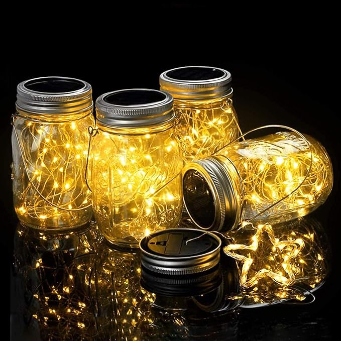 Outdoor Hanging Lanterns Solar Powered Mason Jar Lights with 30 LEDs Led String Lights for Wedding Garden Patio (Jars & Hangers Included) (4-Pack)