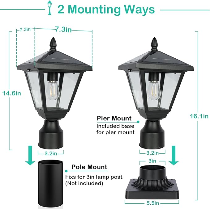 Solar Post Lights Outdoor – No Wiring Required, Auto Dusk to Dawn Fence & Pillar Light for Backyard, Garden, Pathway, Metal and Glass Built Weather Resistant Post Lamp Lights (Warm White)