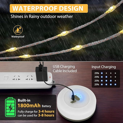 Camping String Lights, 4 in 1 Quick Storage 32.8FT Rechargeable Tent Lights with 9 Lighting Modes, Hanging Waterproof Portable LED Lamp for Outdoor Patio Awning Garden Party Camping Essentials Gear