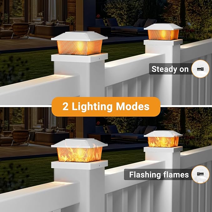 btfarm 4x4 Solar Flame Post Cap Lights Outdoor, 4 Pack Flickering Flame Deck Fence Post Lights, Waterproof Solar Powered Lighting Outside Fit 4x4 3.5x3.5 Wooden/Vinyl for Porch Patio Garden