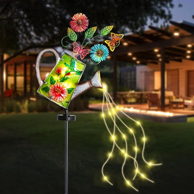 Bshine Solar Watering Can Light, Hummingbird Metal Solar Light, Waterproof Outdoor Garden Decor for Porch Path Lawn Yard Art, Gardening Gift for Women, Mom Birthday, Outdoor Valentine's Day Decor