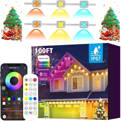 Permanent Outdoor Lights 100 FT Patio Lights,100ft RGB+IC Smart Outdoor Decor, 50 Scene Modes App/Remote Control, IP67 Waterproof for Christmas Holiday Party Decor for Garden House Roof Lighting