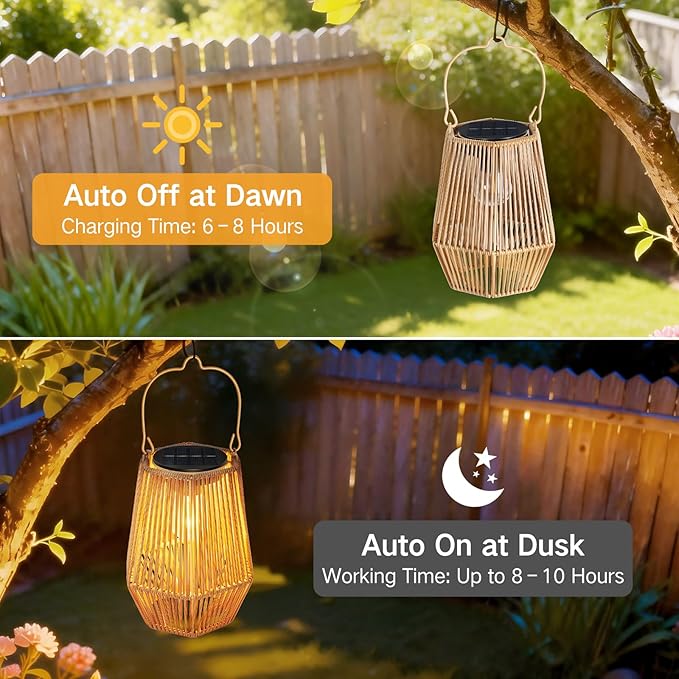 2 Pack Solar Lanterns Outdoor Waterproof, Hanging Rattan Woven Solar Lights with Auto On/Off, Decorative Gifts for Garden, Yard, Patio, Tree, Porch, Lawn, Pathway & Outside Tabletop Decor