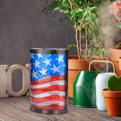 Afirst Solar Lantern Outdoor Hanging Glass Solar American Flag Lights Waterproof Led Lamp for Garden Yard Tree Desk Decor