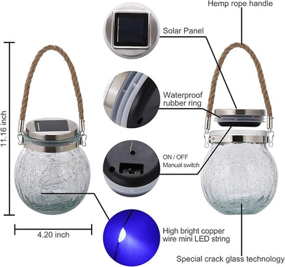 Solar Hanging Lanterns Outdoor Waterproof, Table Lamps Decorative Cracked Glass Jar 30 LED Lights for Garden Tree Court Yard Patio Pathway Christmas Day Holiday Party Decoration (2, Colors)