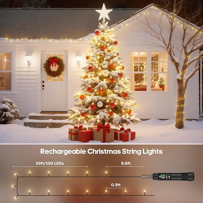 Rechargeable Battery Operated String Lights with Remote, 33ft 100 LED Rechargeable Battery Twinkle Lights Waterproof, Christmas Light Outdoor Indoor for Tree Christmas Decor(Warm White)