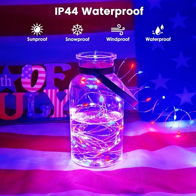 4 Pack 20FT 60LED Red White and Blue Battery Operated Fairy Lights with Timer, Waterproof Battery String Lights Outdoor Indoor, Battery Twinkle Lights for 4th of July Independence Day Decoration