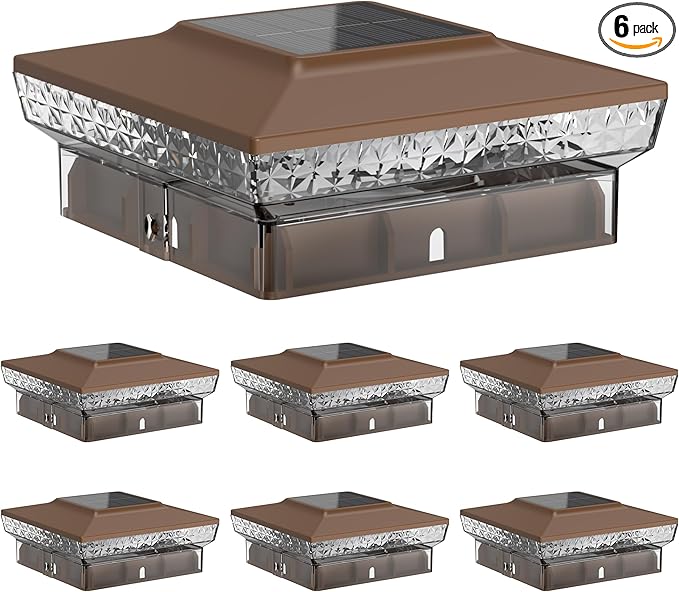 Solar Post Cap Lights, 6-Pack Upgraded Outdoor Deck Fence Post Solar Lights for 4x4 5x5 Wood/Vinyl Posts, IP65 Waterproof, 10-12 Hours Warm/Cool White Glow for Garden/Patio/Porch - Brown