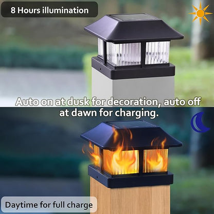 Dynaming Solar Flame Post Cap Lights Outdoor, Solar Powered Fence Post Light, Flickering Flame LED Lantern Lamps Waterproof for Garden Deck Patio, Fit 4x4 Wooden/Vinyl Posts, 8 Pack