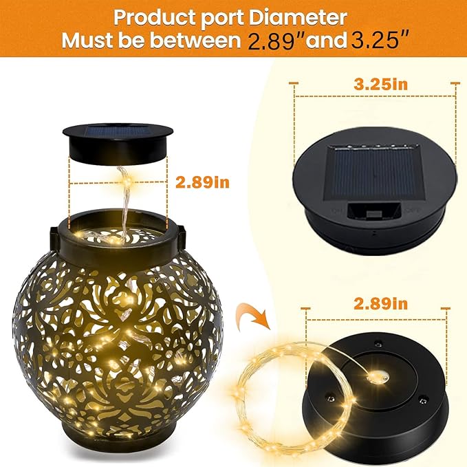 Solar-Replacement Top Lantern Waterproof String - 2 Packs Round Panels Copper Wire Accessories for Garden Watering Can Lights Outdoor Handling Lantern DIY Patio Housewarming Decorations (Cold/Warm)