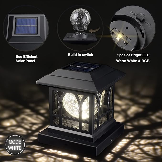 Solar Post Cap Lights, Warm White & RGB Automatic Cycling, Cracked Glass Bulb, 20 Lumens lP65 Waterproof Fit 3.6x3.6 4x4 4.5x4.5 5x5 Wood Fence Post Solar Powered Lights Black (6 Pack)