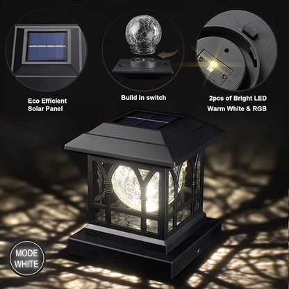 Solar Post Cap Lights, Warm White & RGB Automatic Cycling, Cracked Glass Bulb, 20 Lumens lP65 Waterproof Fit 3.6x3.6 4x4 4.5x4.5 5x5 Wood Fence Post Solar Powered Lights Black (6 Pack)