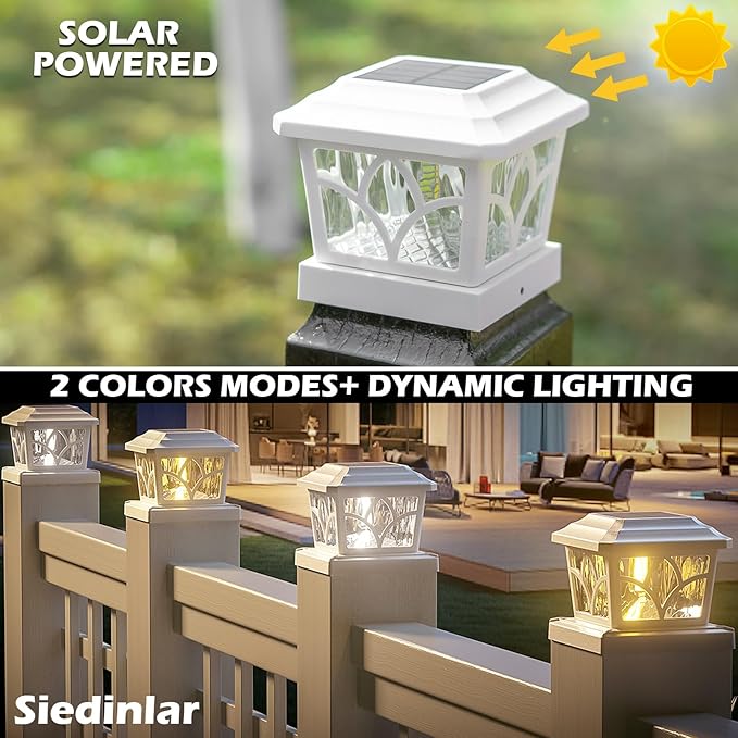 SIEDiNLAR Solar Post Cap Lights Outdoor 4 Modes 40 LEDs Aluminum Glass Fence Post Light for 4x4 5x5 6x6 Vinyl Wooden Posts Deck Patio Decor, Warm White & Cool White Dynamic Lighting White (6 Pack)