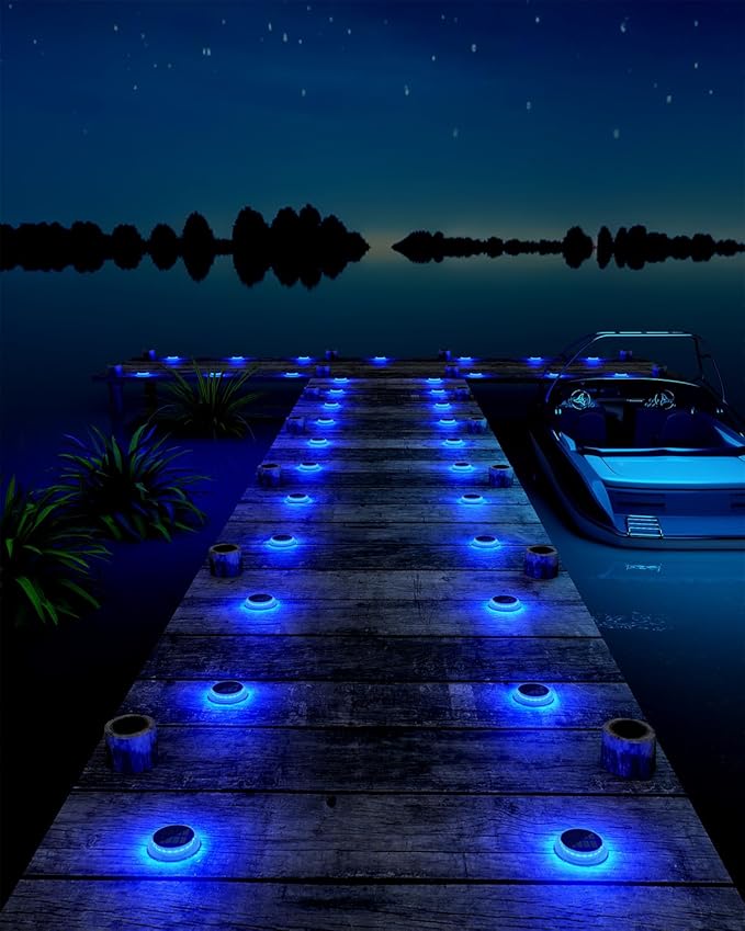 6 Packs Solar Driveway Lights, Blue Dock Deck Lights Solar Powered Outdoor IP68 Waterproof, Stick on Light for Step, Stair, Driveway, Pool, Pathway, Walkway, Patio