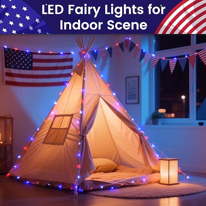 4 Pack 20FT 60LED Red White and Blue Battery Operated Fairy Lights with Timer, Waterproof Battery String Lights Outdoor Indoor, Battery Twinkle Lights for 4th of July Independence Day Decoration