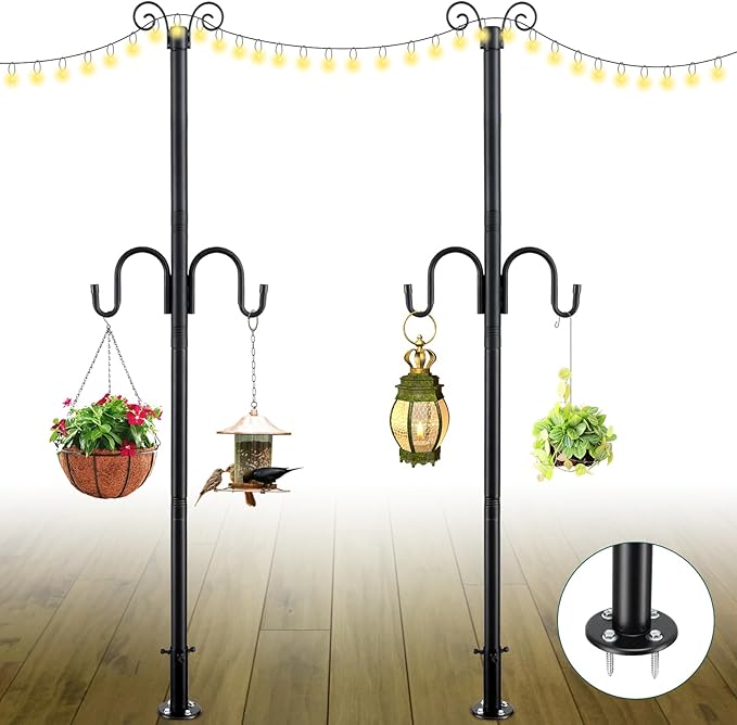 String Light Poles 2 Pack, 10FT Patio Light Poles for String Lights Metal Post Pole with Hooks to Hang Outdoor String Lights, Plant Baskets, Bird Feeder
