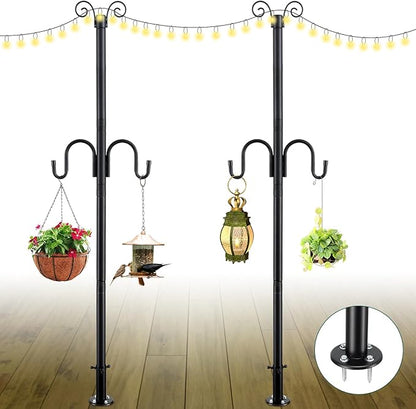 String Light Poles 2 Pack, 10FT Patio Light Poles for String Lights Metal Post Pole with Hooks to Hang Outdoor String Lights, Plant Baskets, Bird Feeder