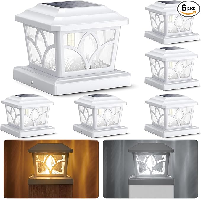 SIEDiNLAR Solar Post Cap Lights Outdoor 4 Modes 40 LEDs Aluminum Glass Fence Post Light for 4x4 5x5 6x6 Vinyl Wooden Posts Deck Patio Decor, Warm White & Cool White Dynamic Lighting White (6 Pack)
