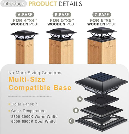 PASAMIC 6 Pack Solar Post Cap Lights, Waterproof Outdoor Lights for 4x4 5x5 6x6 Wood Posts, Fence Post Solar Lights with 2 Color Modes for Garden, Deck, Patio, Porch, Fence